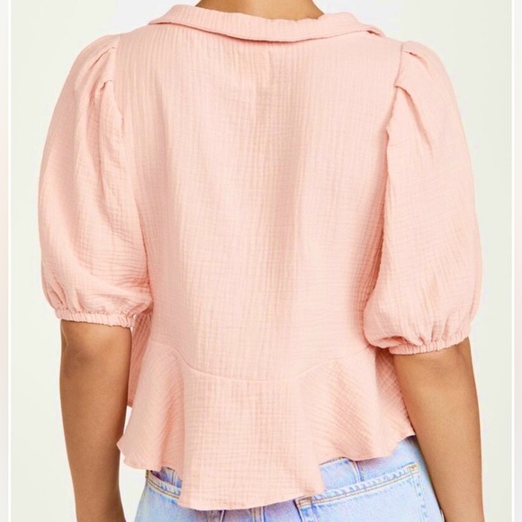 Tach Larina top coral embroidered crop peplum size small gauze puff sleeve - Picture 6 of 6